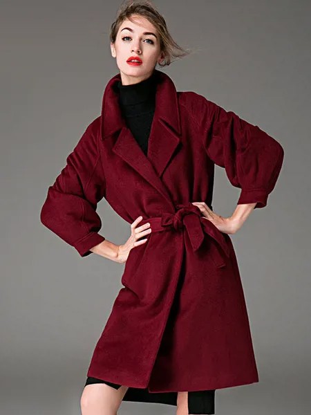 Milanoo Women Coat Burgundy Wrap Coat Long Sleeves Sash Winter Coat