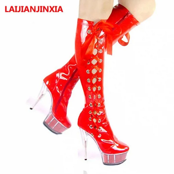 Сапожки дамские пикантные сапоги до колена непромокаемые тайваньские дамские ботинки для ночных клубов на ультравысоких шпильках (15 см) большие размеры 35-46