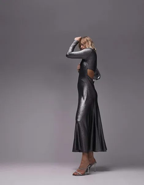 Серебристое платье макси металлического кроя и шитья Topshop с открытой спиной