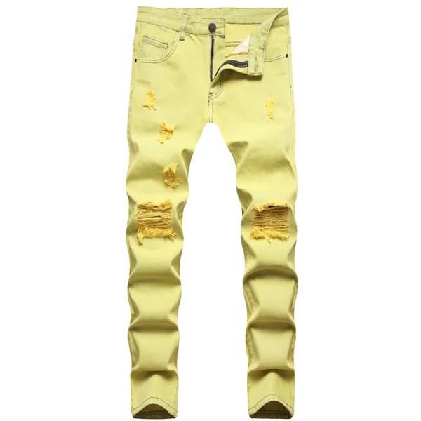 Мужские модные желтые джинсовые брюки, высококачественные зауженные рваные джинсы с дырками, уличные модные сексуальные джинсы, повседневные джинсы;