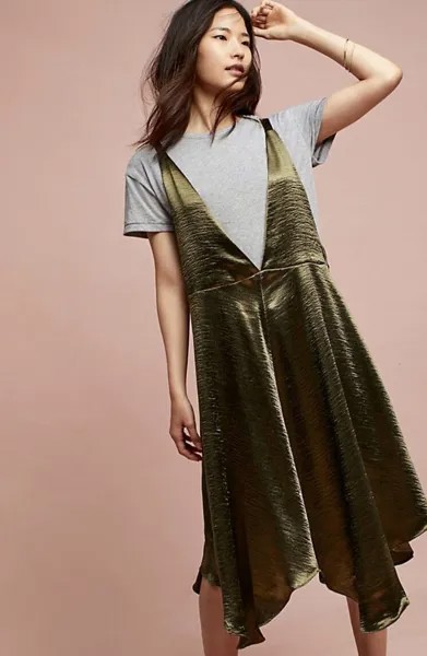 Платье NWT Anthropologie, комплект из 2 предметов, оливковая атласно-серая футболка, многослойный комбинезон, маленький размер