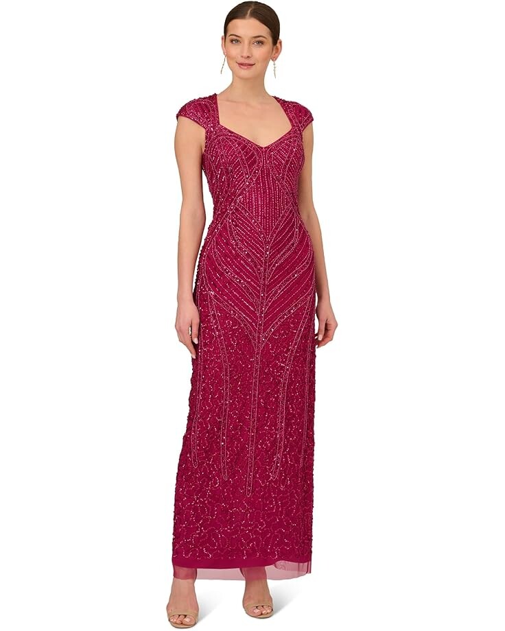 Платье Adrianna Papell Cap Sleeve Beaded Mod Column Gown with Sweetheart Neckline, цвет Magenta