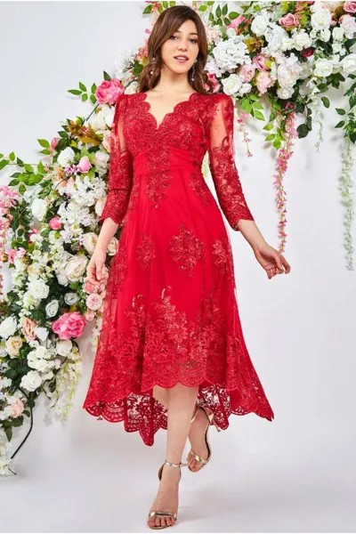 Платье миди с фестончатым кружевом и высоким вырезом Goddiva, красный