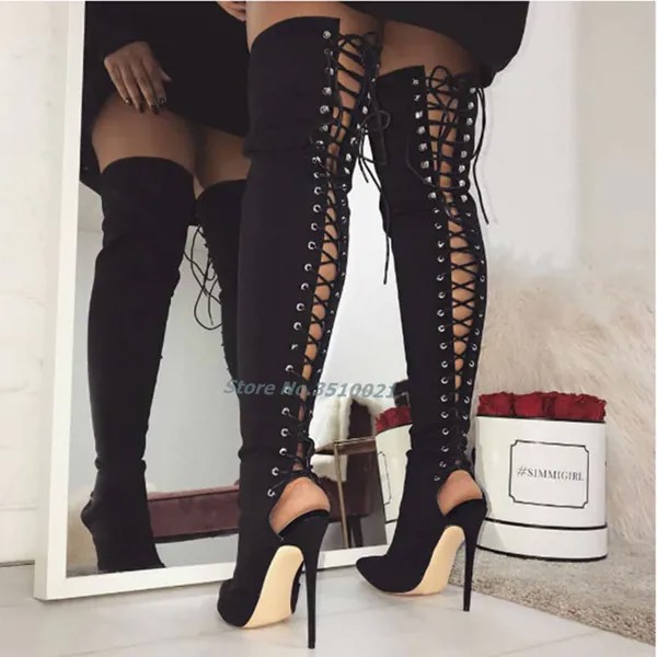 Женские сапоги выше колена, черные сапоги на шнуровке, с острым носком, на высоком каблуке, с ремешком на пятке, европейский стиль