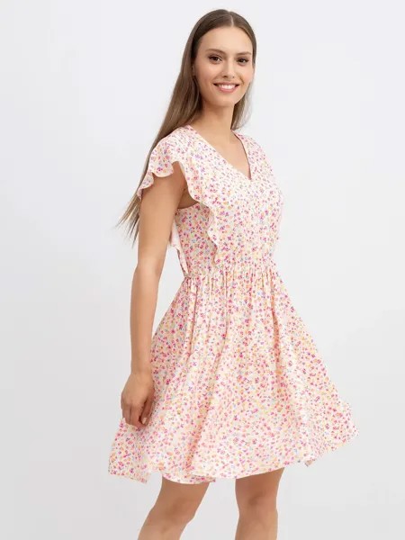 Платье из вискозы с v-образным вырезом молочного цвета в розовый цветочек