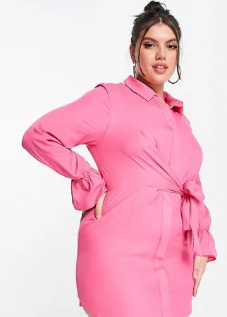 Розовое платье-рубашка с драпировкой и завязками спереди In The Style Plus x Billie Faiers-Розовый цвет