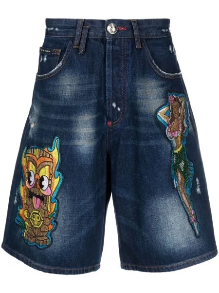 Philipp Plein джинсовые шорты с нашивками, синий