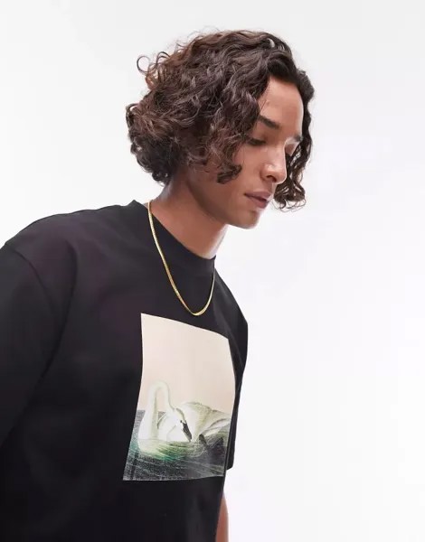 Черная футболка оверсайз Topman с лебединым принтом на груди