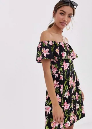 Сарафан мини на пуговицах с ярусной юбкой и цветочным принтом ASOS DESIGN-Мульти
