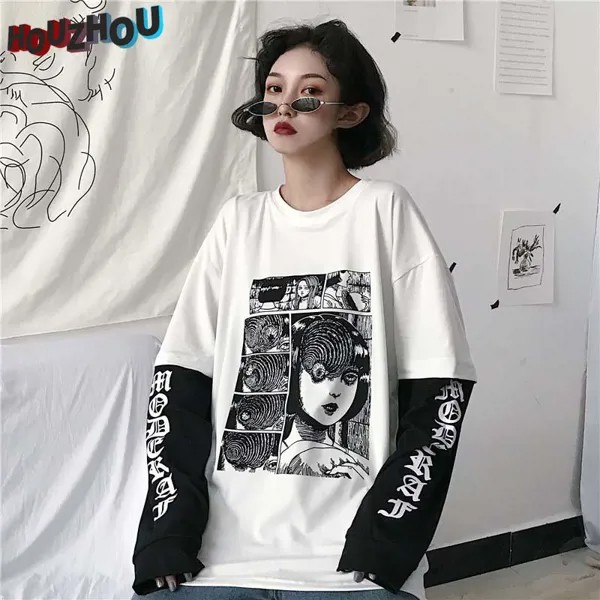 Harajuku Женская футболка с принтом Японские комиксы ужасов Оверсайз Черный с длинным рукавом Футболка для женщин Hiphop Уличная одежда Готические топы Y2k