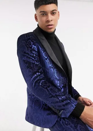 Пиджак с лацканами наклонной формы и синим змеиным принтом с эффектом «металлик» Twisted Tailor-Синий
