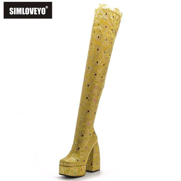 SIMLOVEYO высокие каблуки стрейч сапоги Цветочные блестящие золотые на платформе слипоны крутая сексуальная модная обувь для женщин выше колена сапоги A4575