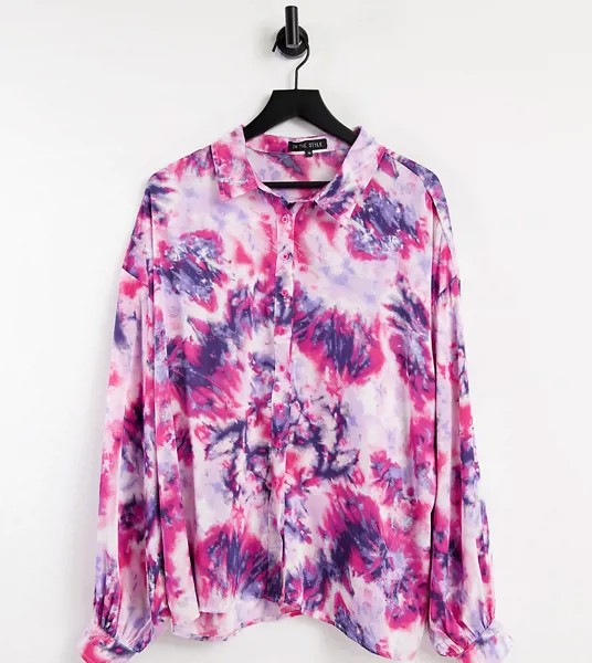 Розовая oversized-рубашка с воротником и принтом тай-дай In The Style Plus x Billie Faiers-Многоцветный