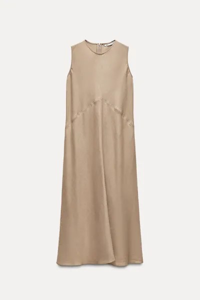 Платье Zara Zw Collection 100% Linen Midi, серо-коричневый