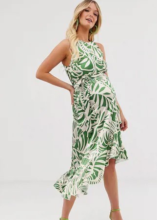 Зеленое платье мидакси с принтом листьев Queen Bee Maternity-Мульти