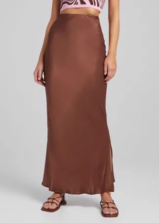 Атласная юбка миди шоколадного цвета Bershka-Коричневый цвет