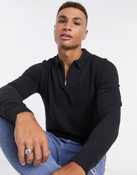 Черное трикотажное поло из органического хлопка с короткой молнией Burton Menswear-Черный