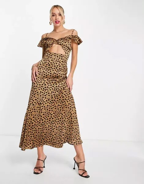 Платье макси с леопардовым принтом и вырезом на рукавах и рюшами Never Fully Dressed
