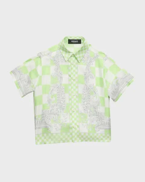Рубашка в клетку с отделкой Barocco для мальчика, размер 8–12 Versace, цвет Mint White Silver