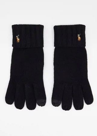 Шерстяные перчатки со вставками для работы с сенсорным экраном и логотипом с лошадью Polo Ralph Lauren-Черный цвет