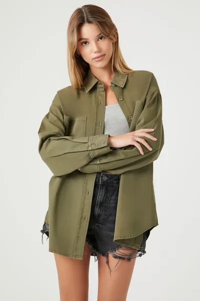 Рубашка оверсайз на пуговицах из твила Forever 21, оливковый