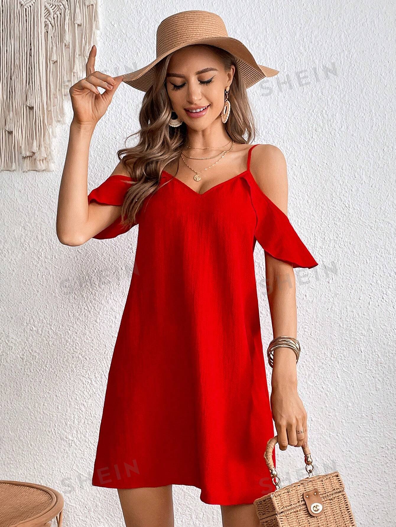 SHEIN VCAY Женское однотонное платье без бретелек с открытыми плечами, красный
