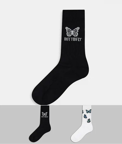 Набор из 2 пар спортивных носков с бабочками и надписью ASOS DESIGN-Многоцветный