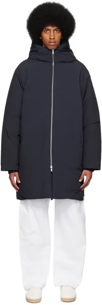 Темно-синее пуховое пальто с капюшоном Jil Sander
