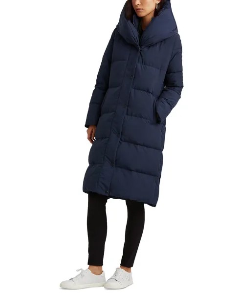 Женское пуховое пальто с капюшоном и воротником оверсайз Lauren Ralph Lauren, темно-синий
