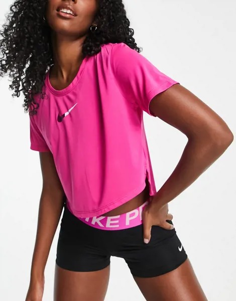 Ярко-розовая укороченная футболка в стиле колор блок Nike Training One-Розовый цвет