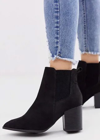 Черные ботинки челси на каблуке из искусственной замши New Look Wide Fit-Черный