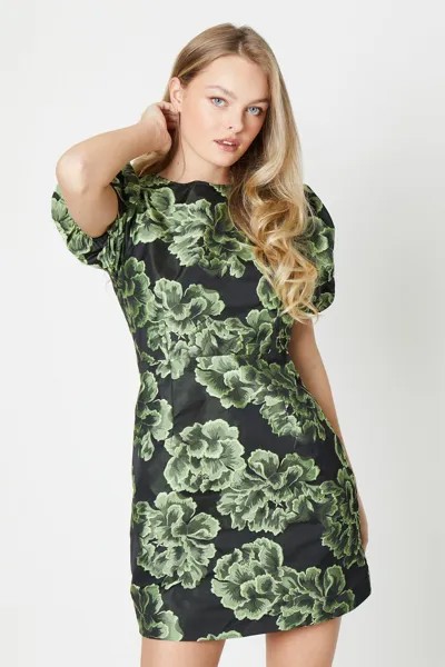Зеленое мини-платье с жаккардовыми рукавами-фонариками и цветочным принтом Oasis, черный