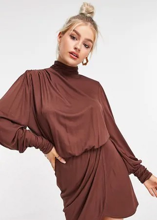 Коричневое платье мини с подплечниками и открытой спиной ASOS DESIGN Petite-Многоцветный