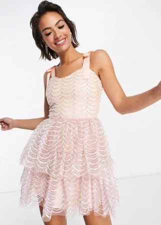 Многослойное платье с пайетками розового цвета VL the Label-Серебряный