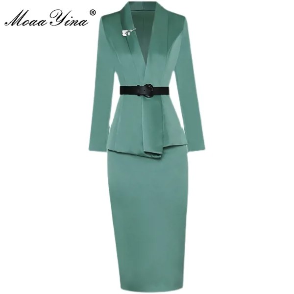 MoaaYina, модные дизайнерские осенние зеленые юбки, костюм для женщин, с длинным рукавом, пояса для пальто и узкие юбки-карандаш, комплект из дву...