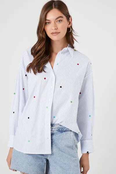 Полосатая рубашка в горошек с вышивкой Forever 21, синий