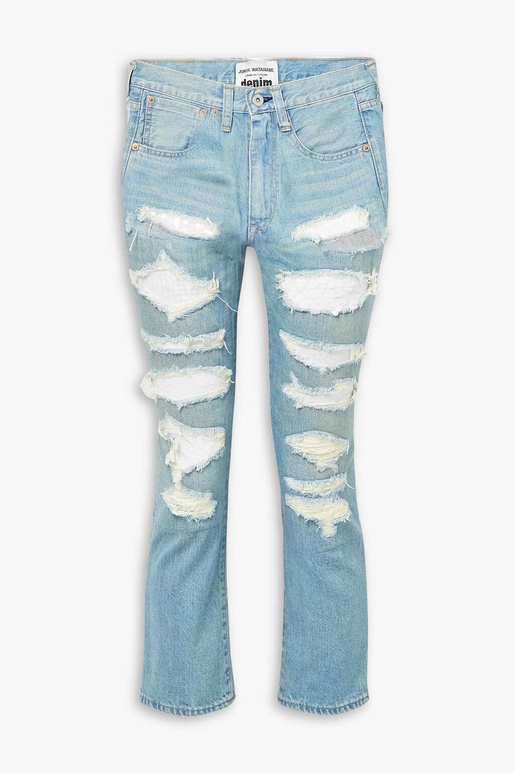 Расшитые пайетками потертые джинсы прямого кроя со средней посадкой Junya Watanabe Comme Des Garçons, легкий деним