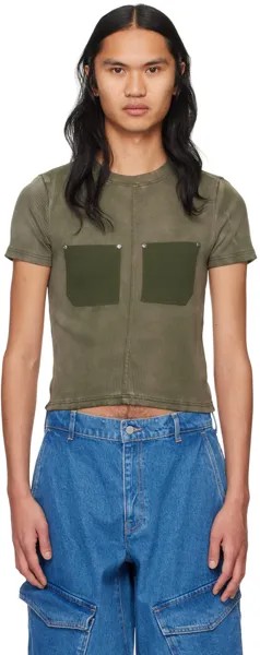 Футболка цвета хаки с усохшими заклепками и напылением Dion Lee