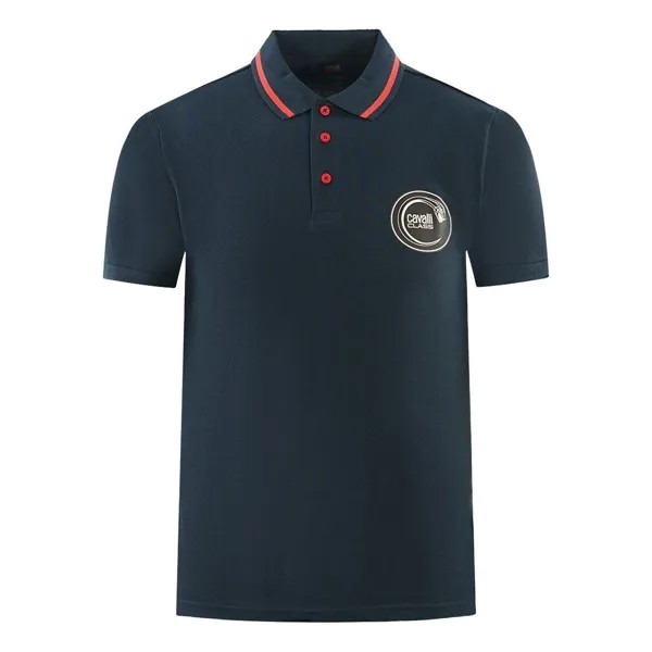 Темно-синяя рубашка-поло с круглым змеиным логотипом Cavalli Class, синий