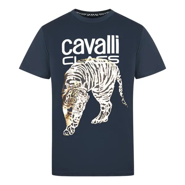 Темно-Синяя футболка с большим золотым логотипом в виде тигра Cavalli Class, синий