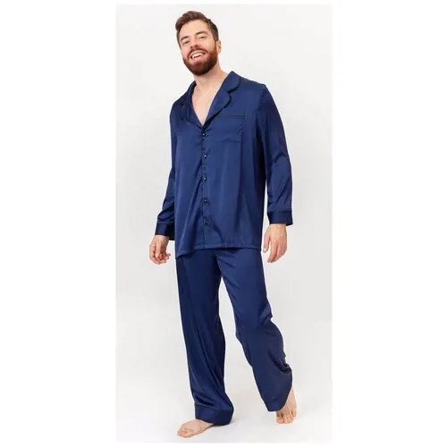 Пижама NICOLE HOME, рубашка, брюки, застежка пуговицы, карманы, размер XXL, синий