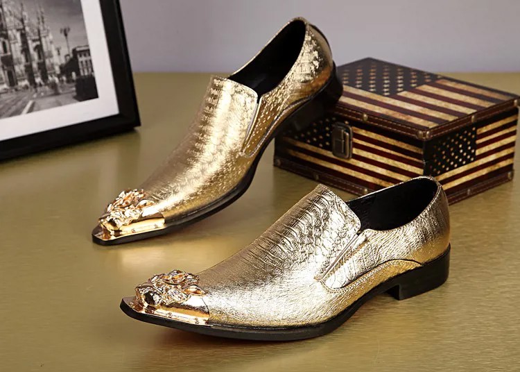 Роскошные Мужские модельные туфли золотого цвета, мужские туфли-оксфорды с острым металлическим носком для свадьбы, мужские лоферы, италья...