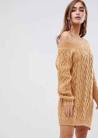 Платье мини в рубчик с открытыми плечами ASOS DESIGN-Neutral