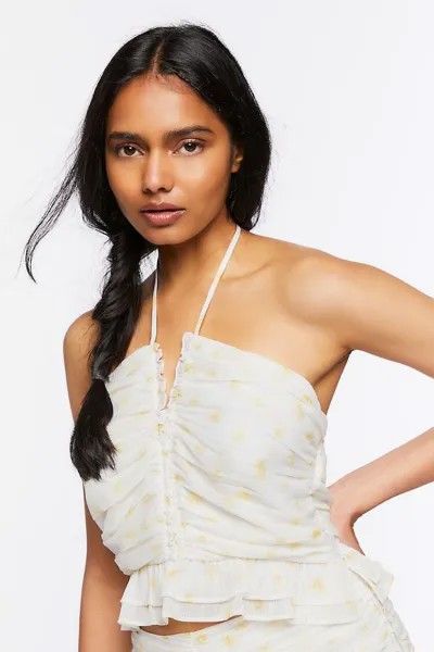 Укороченный топ с бретелькой на шее в горошек Forever 21, белый