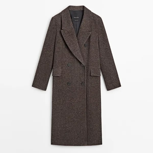 Пальто Massimo Dutti Long Double-breasted Wool Blend Herringbone, черный