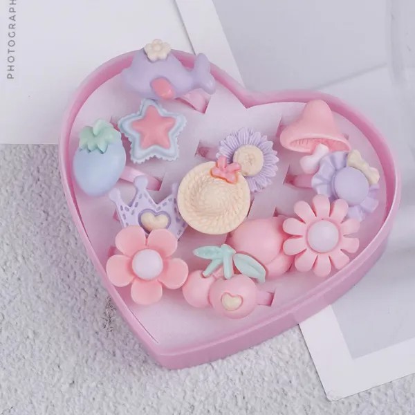 12шт Микс Мультфильм Цветочная смола Пластик Baby Kids Девочки Детские кольца с коробкой