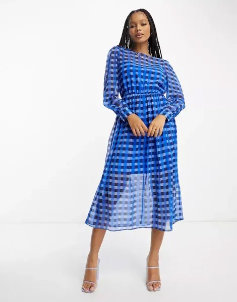 Синее приталенное платье миди French Connection в клетку с рюшами на поясе
