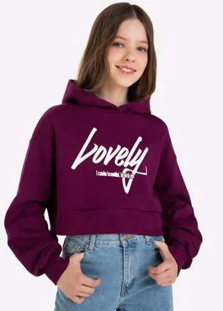 Бордовое укороченное худи с принтом lovely для девочки Gloria Jeans