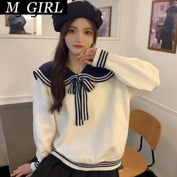 M Девушки морячный воротник свитер пуловер для женщин контрастный колледж Стиль Свободные корейские шикарные вязаные топы студенческий Повседневный джемпер