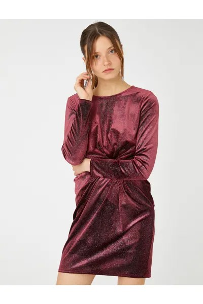 Бархатное мини-вечернее платье серебристого цвета с длинными рукавами и сборкой с деталями Koton, бордовый
